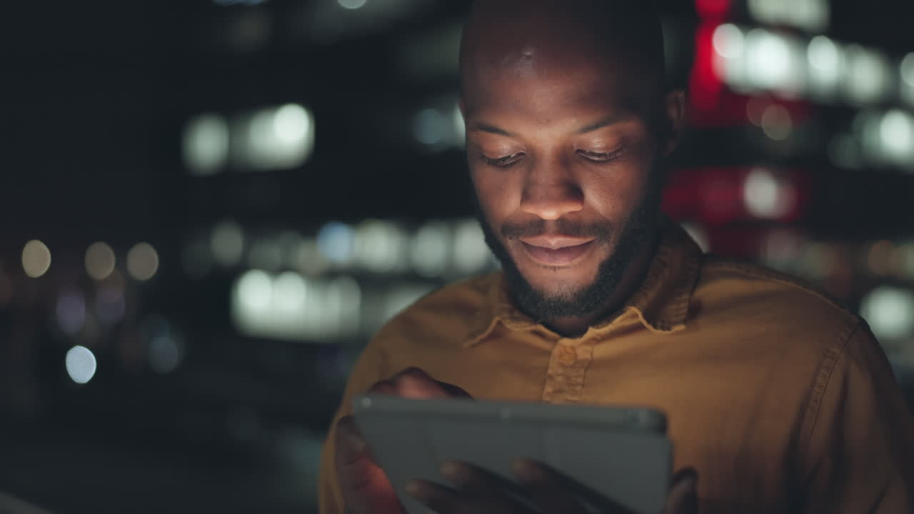 Night, tablet and face of businessman for office
