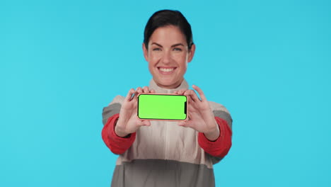 Fitness,-phone-and-woman-face-with-green-screen