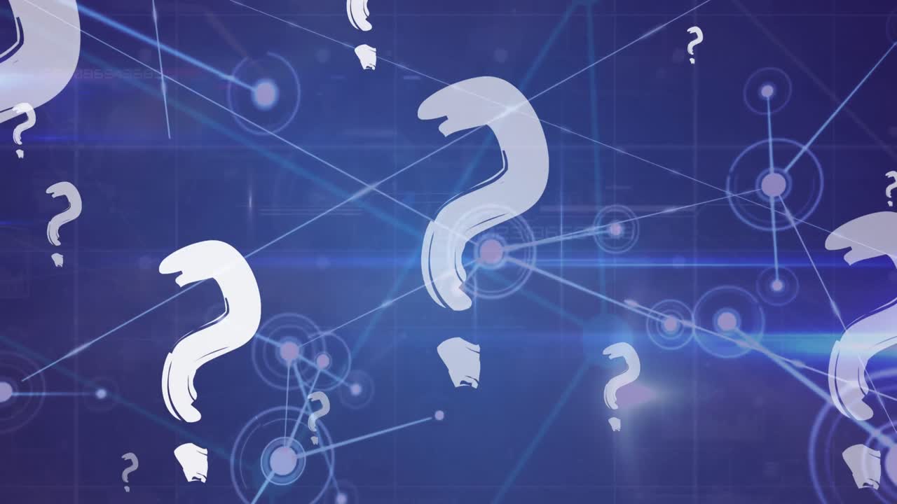 파란색 배경에 연결된 네트워크를 통해 질문표의 애니메이션.