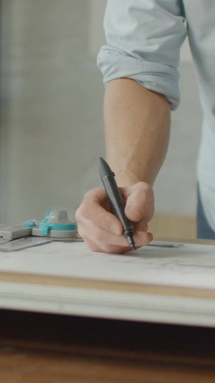 Architect Drawing Technical Blueprints on Drafting Table