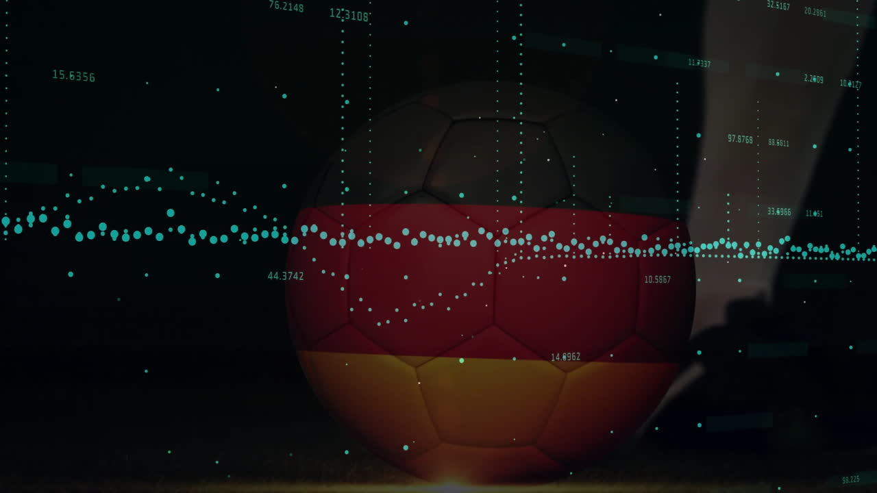 Data visualization animation with soccer ball over dark background