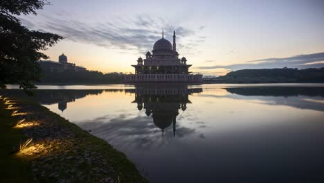 dramatic sunrise at putra mosque, putrajaya