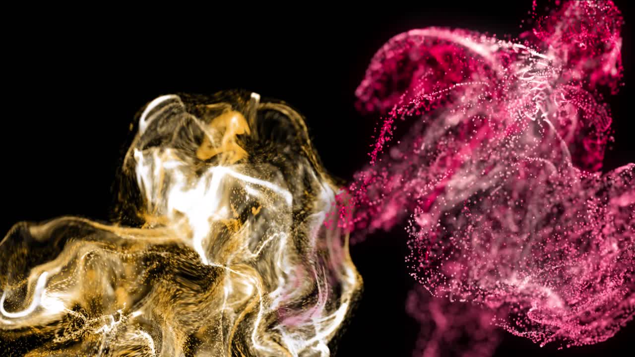 animación de formas de partículas rojas y blancas que se mueven sobre un fondo negro