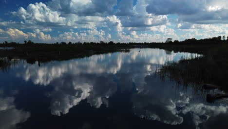 Weitschuss,-Der-Sich-Von-Der-Ruhigen-Teichoberfläche-Nach-Oben-Neigt,-Um-Einen-Sommerhimmel-Zu-Enthüllen