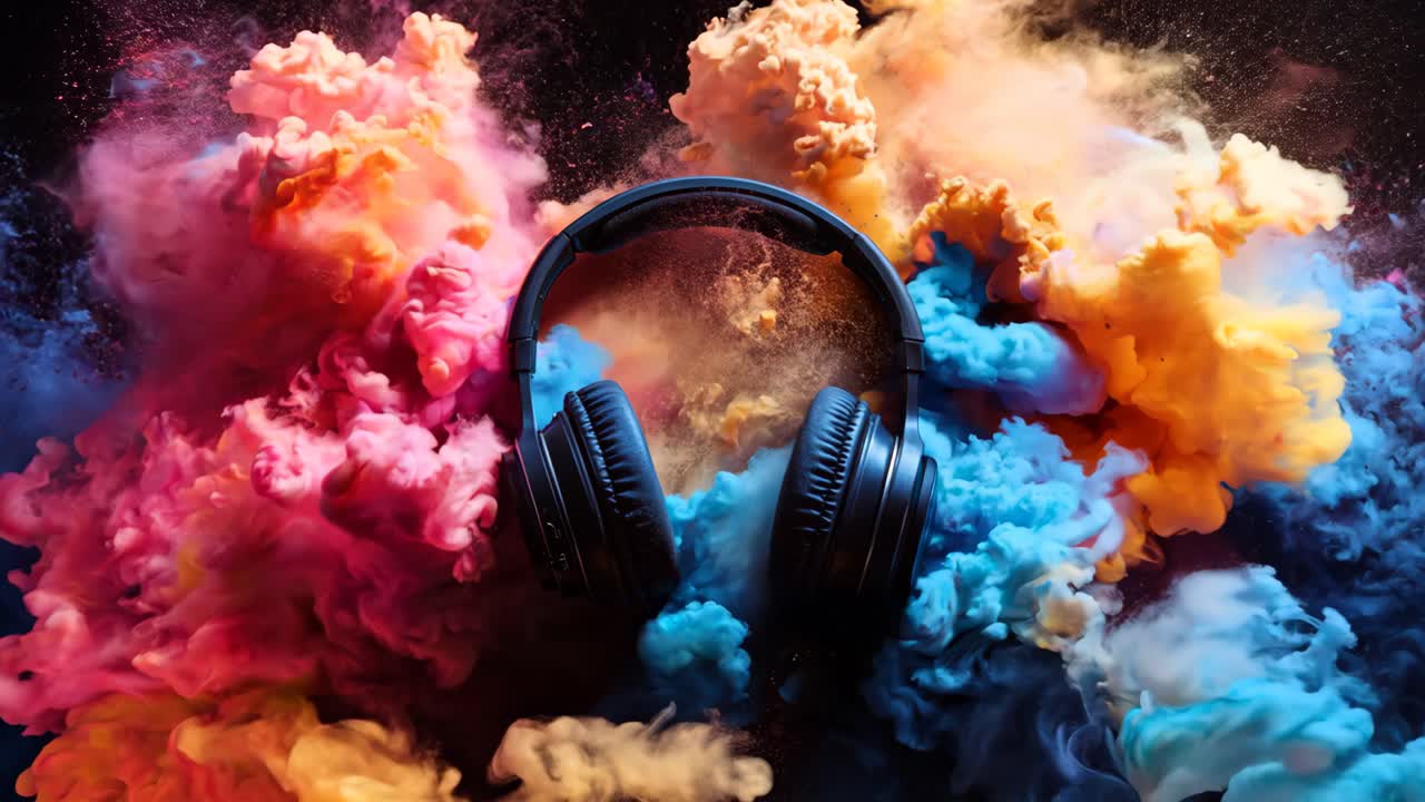 A pair of headphones is in the middle of a colorful explosion. The headphones are black and red, and they are surrounded by a cloud of colorful powder. Concept of excitement and energy