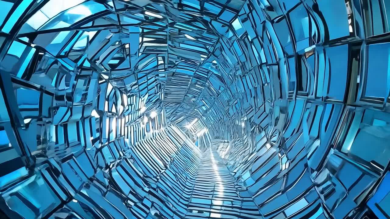 explore un fascinante túnel brillante con reflejos metálicos azules y diseño futurista. la iluminación dinámica y la geometría compleja crean una experiencia visual de ciencia ficción perfecta para temas techno
