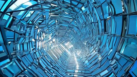 explore a mesmerizing glowing tunnel with blue metallic reflections and futuristic design. dynamic lighting and complex geometry create a sci fi visual experience perfect for techno themes