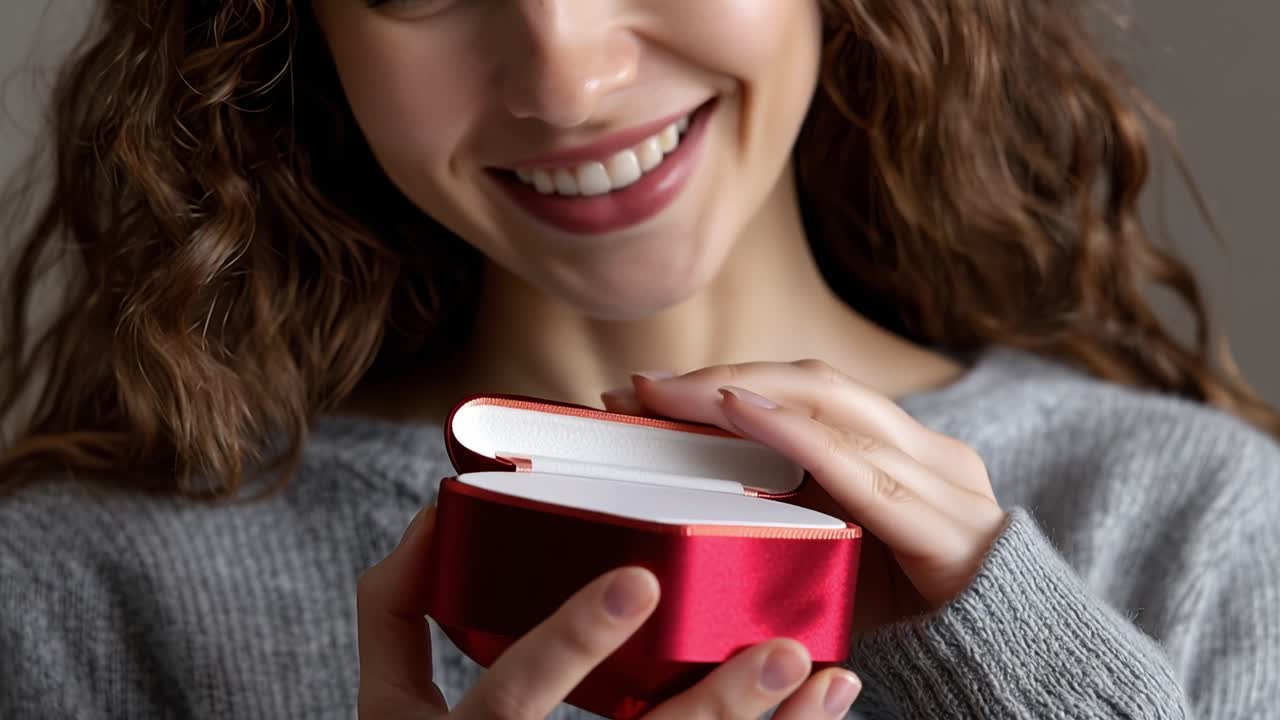Una donna sorride calorosamente, tenendo una scatola rossa a forma di cuore. Le sue dita aprono delicatamente il coperchio, rivelando una sorpresa all'interno. Una luce soffusa evidenzia la sua espressione gioiosa e attesa. Ideale per regali romantici o come idea regalo.