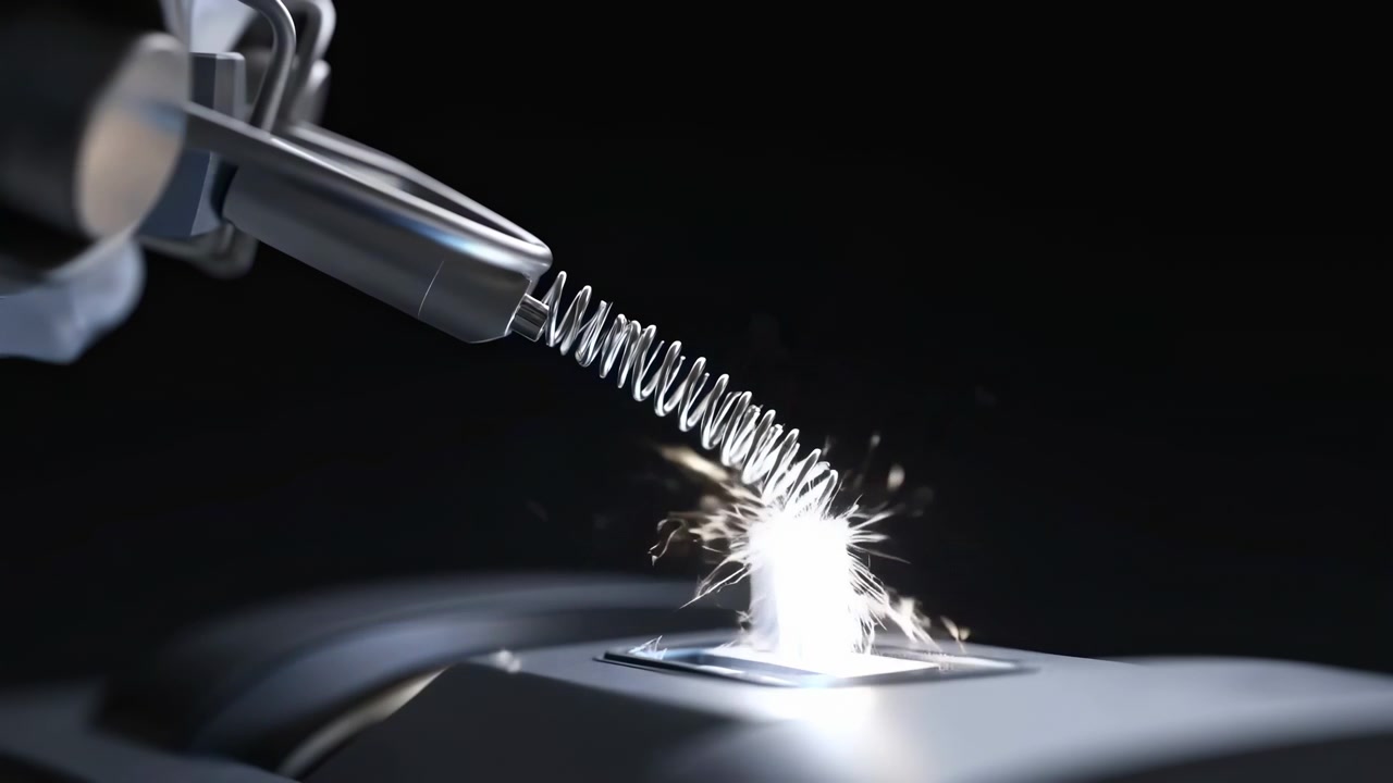 Molla in acciaio a spirale incontra un corto palo rettangolare su superficie opaca, creando intense scintille bianche e minuscoli frammenti di metallo, con riflessi nitidi, contrasto e texture industriale di precisione.