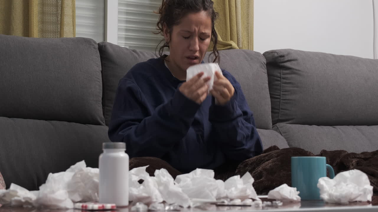 Young woman sick on the sofa at home, blowing her nose with handkerchiefs. Pills, tissues and a cup on the table