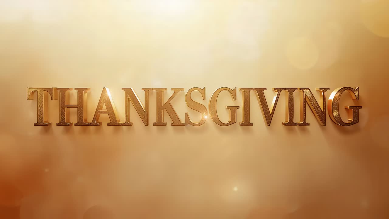 Warm golden glow starting 3D serif THANKSGIVING title shining in studio, bokeh for holiday ad