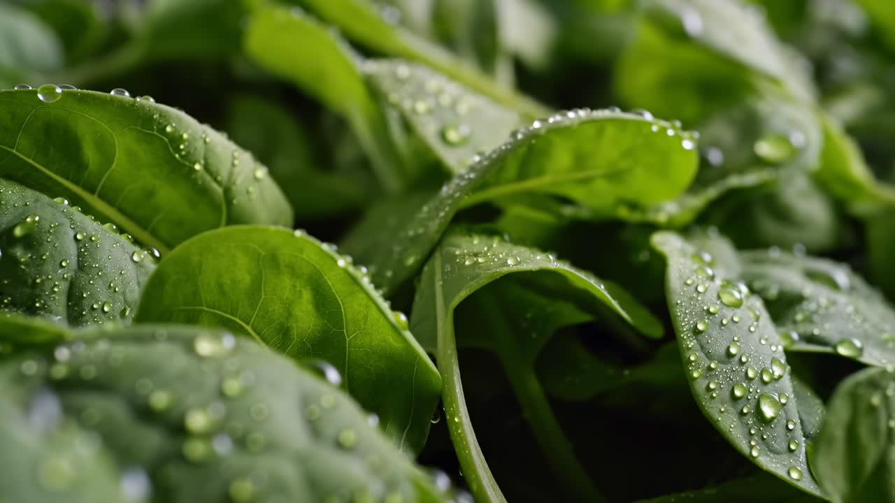 Primo piano di foglie di spinaci verdi fresche con goccioline d'acqua.