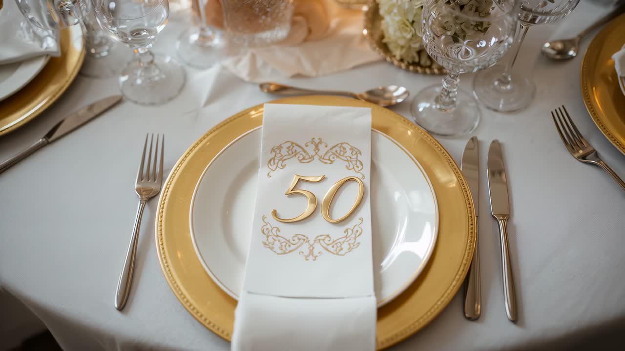 Pushing camera forward and down, focusing to emphasize napkin 50 on gold charger