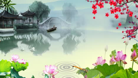 Mysterious-landscape-China's-traditional-Oriental-Digital-Art-animation,-Chinese-retro-painting-ink-misty-mountain-with-flowers,-tree,-birds,-river-in-fog-background