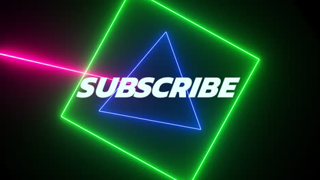 animation of subscribe text in white with colourful rotating neon shapes scanning on black