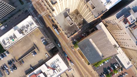 Aerial-looking-straight-down-of-urban-city-downtown-business-district-buildings-streets-Memphis-Tennessee