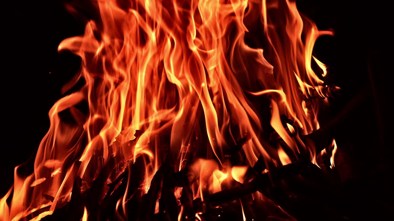 Some pieces of wood are burning in the campfire. Beautiful orange flames at black backdrop.