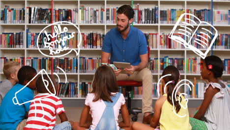 animación de iconos escolares sobre un maestro caucásico sonriente con diversos escolares en la biblioteca