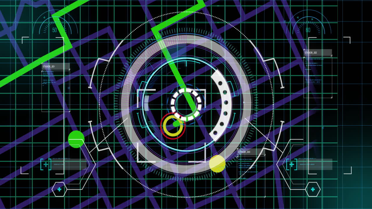 Animation of futuristic digital interface with circular patterns and green lines