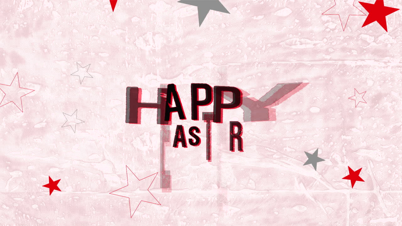 핑크색 배경에 은색과 색의 별을 가진 즐거운 부활절 인사