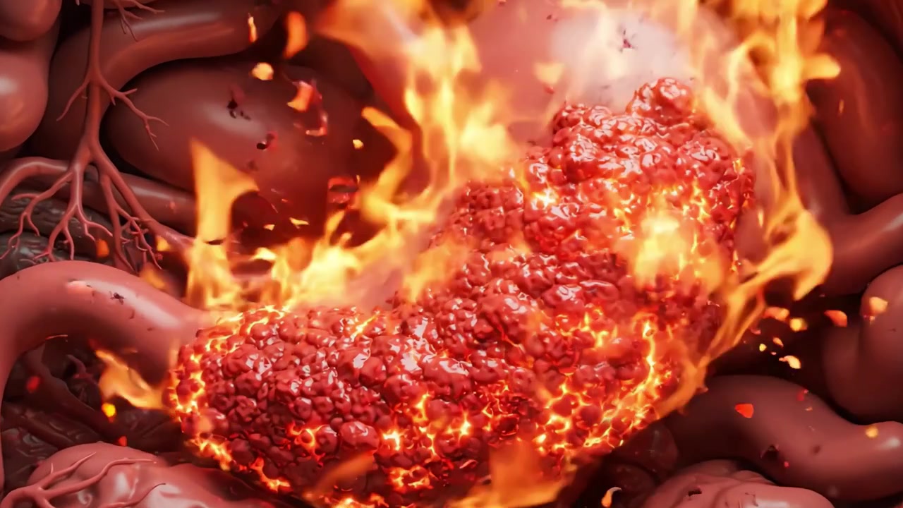 Una visualizzazione drammatica della trasformazione dello stomaco umano: da organo sano a metafora infuocata di disturbi gastrici e complicazioni digestive