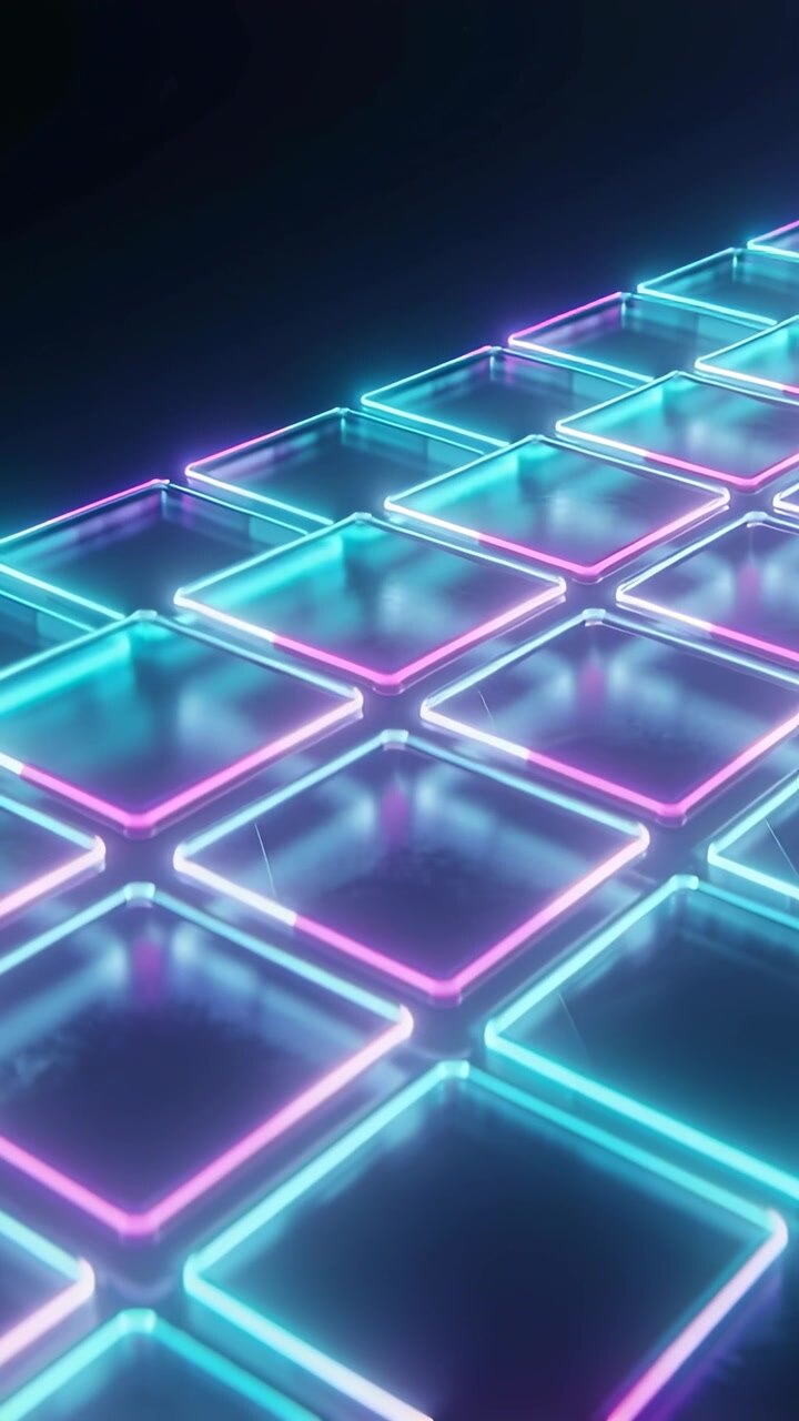 Video verticale: Fotocamera in movimento che rivela piastrelle di vetro in un vuoto oscuro per dare profondità con bordi al neon pulsanti
