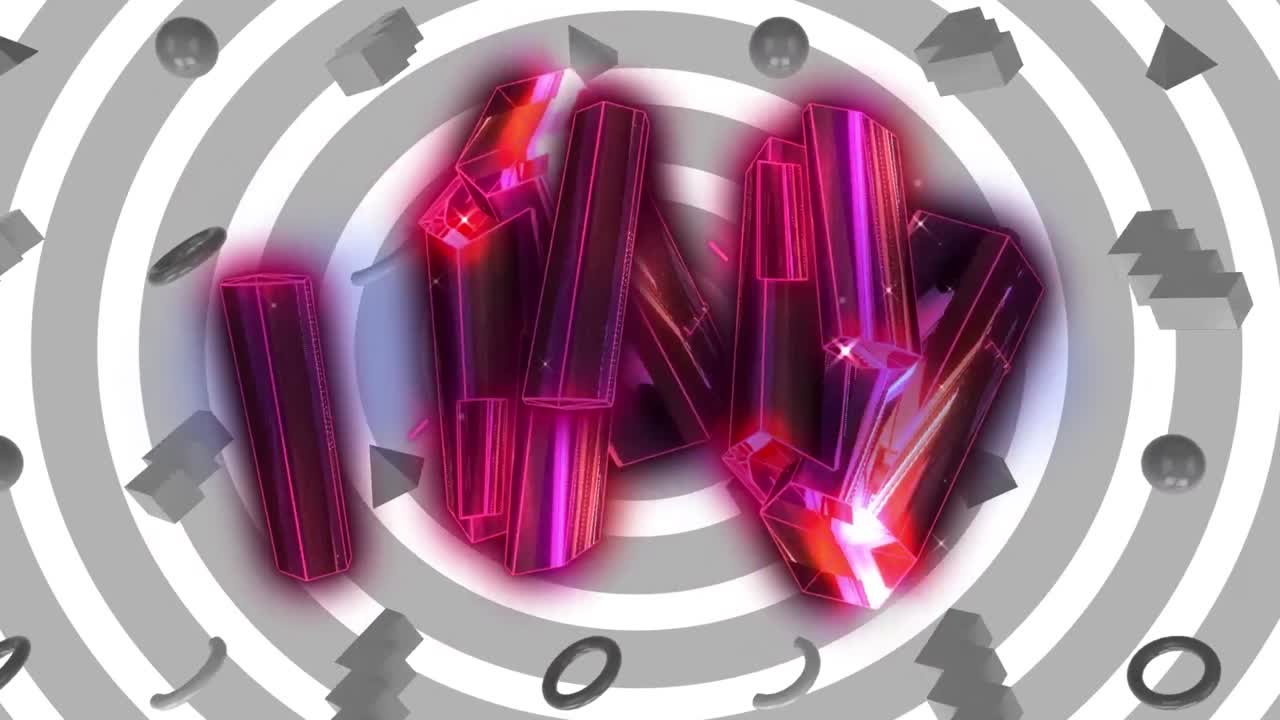 animación de cristales rosados sobre formas y círculos grises sobre fondo blanco