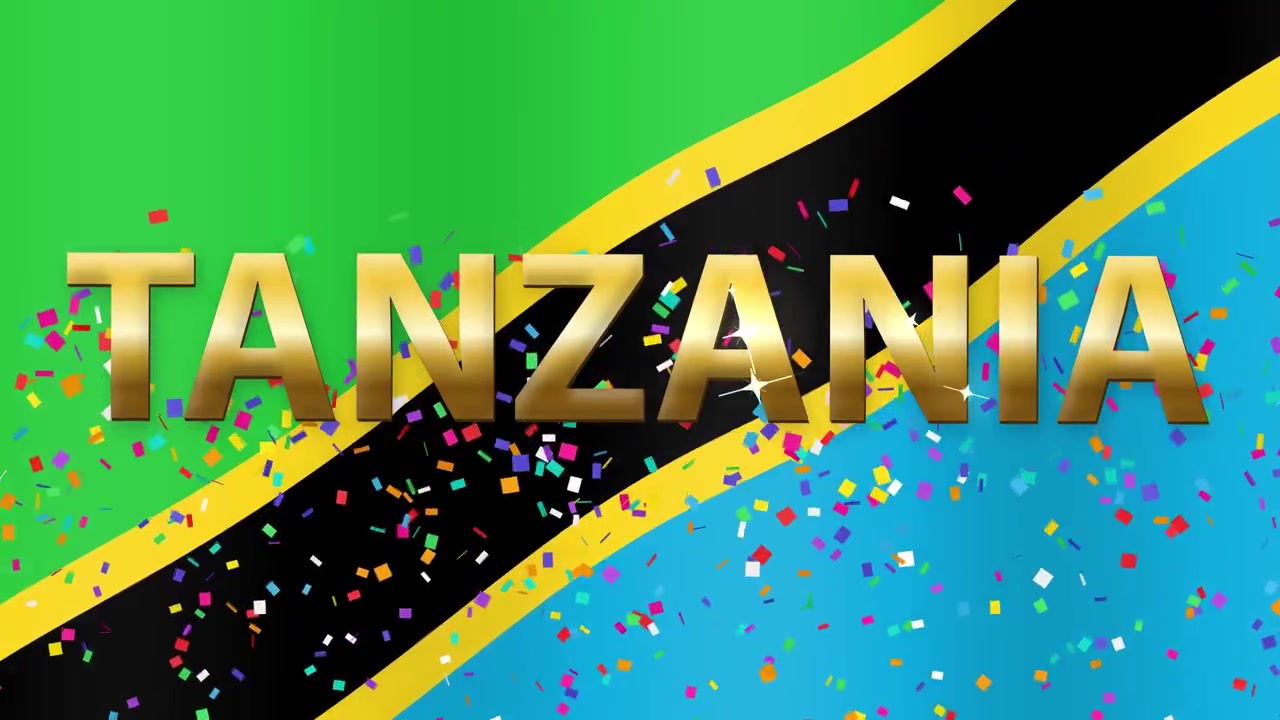 Wehende Nationalflagge Tansanias mit goldenem 3D-Text und buntem fallendem Partykonfetti