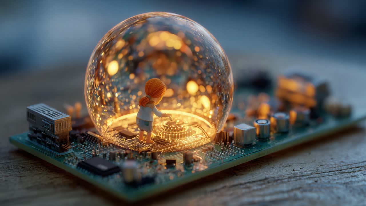 A young girl interacts with a luminous, miniature world encased within a translucent sphere, glowing atop a circuit board, symbolizing creativity, imagination, and the fusion of technology with innocence