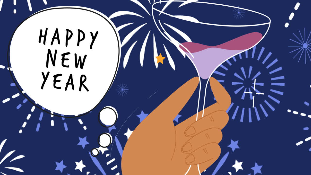 Animación de texto de felicitaciones de Año Nuevo sobre una copa de champán y fuegos artificiales en un fondo azul.