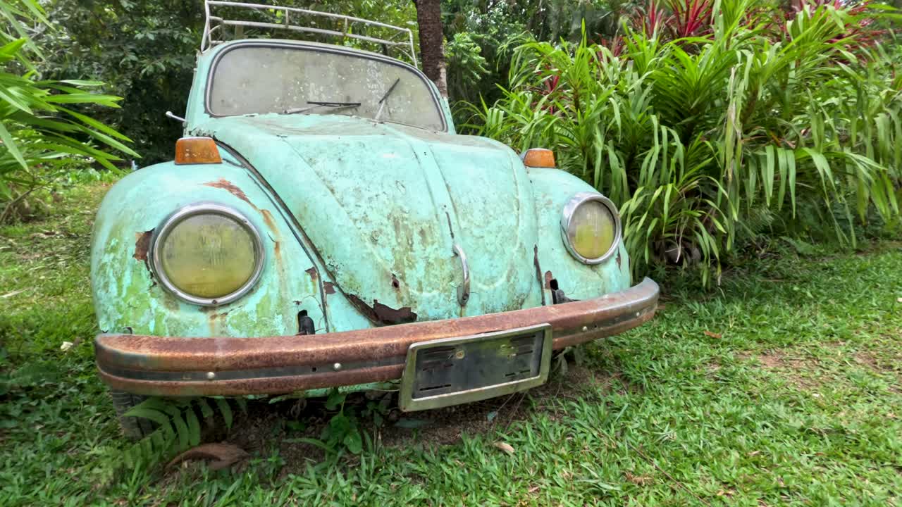 Camera slowly circles abandoned turquoise car in tropical garden, natural daylight, vibrant greenery surrounds