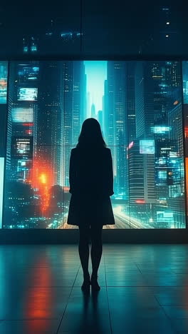lady in digital city at night. a woman stands before a wall of screens showing vibrant evening city scenes in an urban setting.