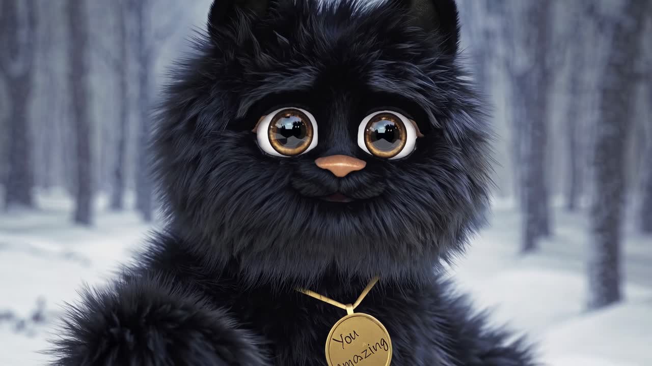 serie de retratos de un adorable, peludo gato negro que lleva una medalla de oro con la inscripción usted asombroso muestra una gama de expresiones, desde la felicidad a la tristeza, en un entorno de bosque nevado