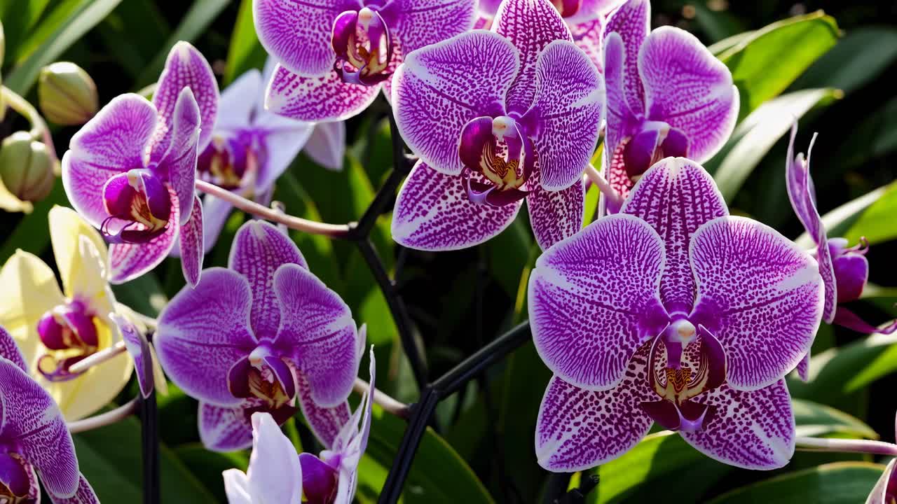 Video in primo piano di orchidee vivaci in piena fioritura, ripreso da una bassa angolazione.