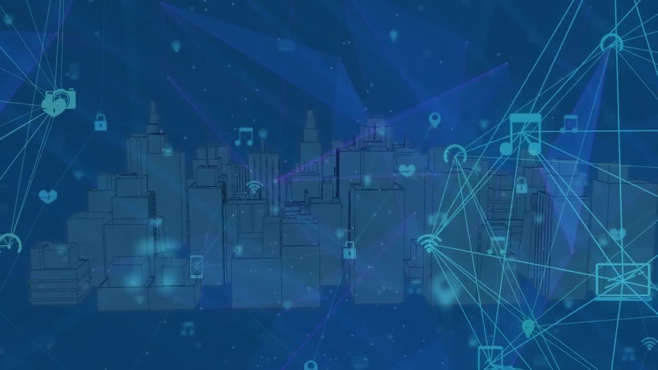 animación de globos de iconos digitales y modelo de ciudad 3d girando contra redes de plexus.