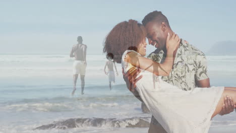 romantic couple lifting and embracing on beach, with animated heart icon and business chart
