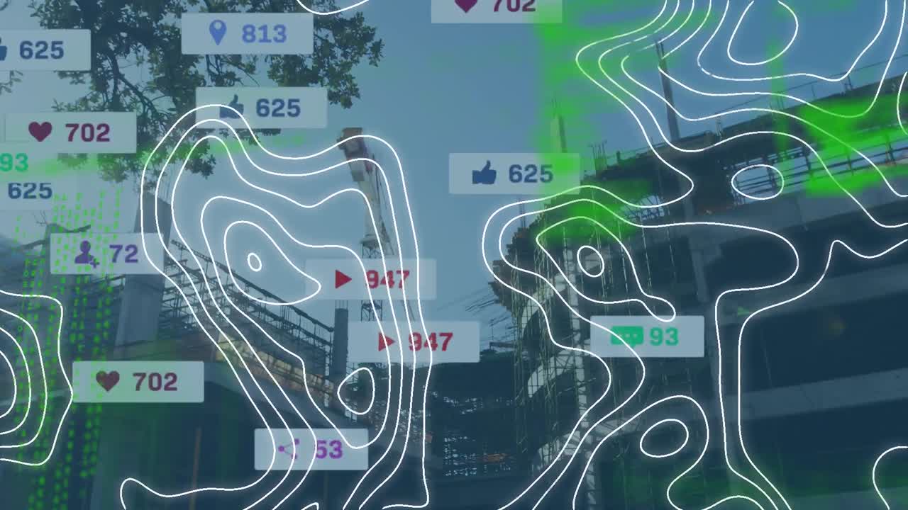 animación de iconos de medios y formas en movimiento sobre el sitio de construcción