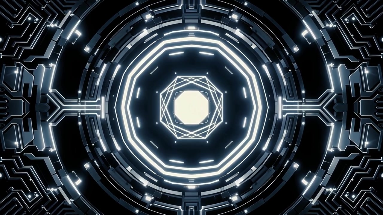Loop di tunnel astratto e futuristico con circuito digitale.