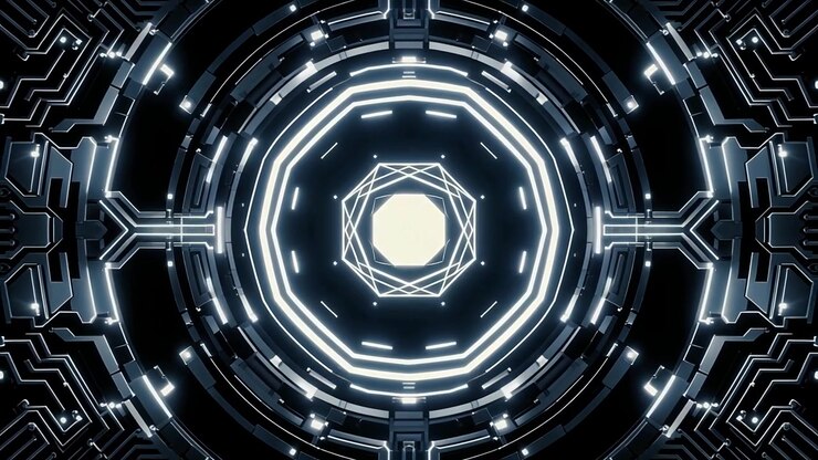 Loop di tunnel astratto e futuristico con circuito digitale.
