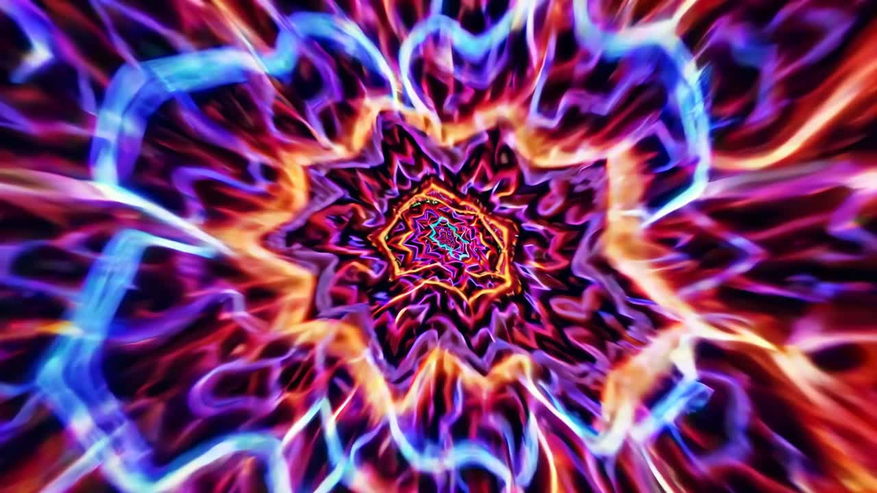Psychedelic video art with a kaleidoscopic pattern in vibrant neon colors