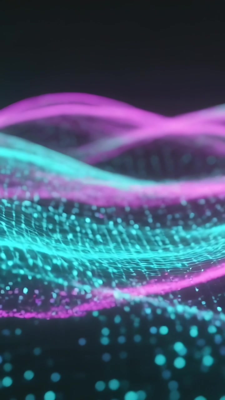 Vertical video: Loop starting magenta-cyan particle waves waving across void to loop, pulsing mesh