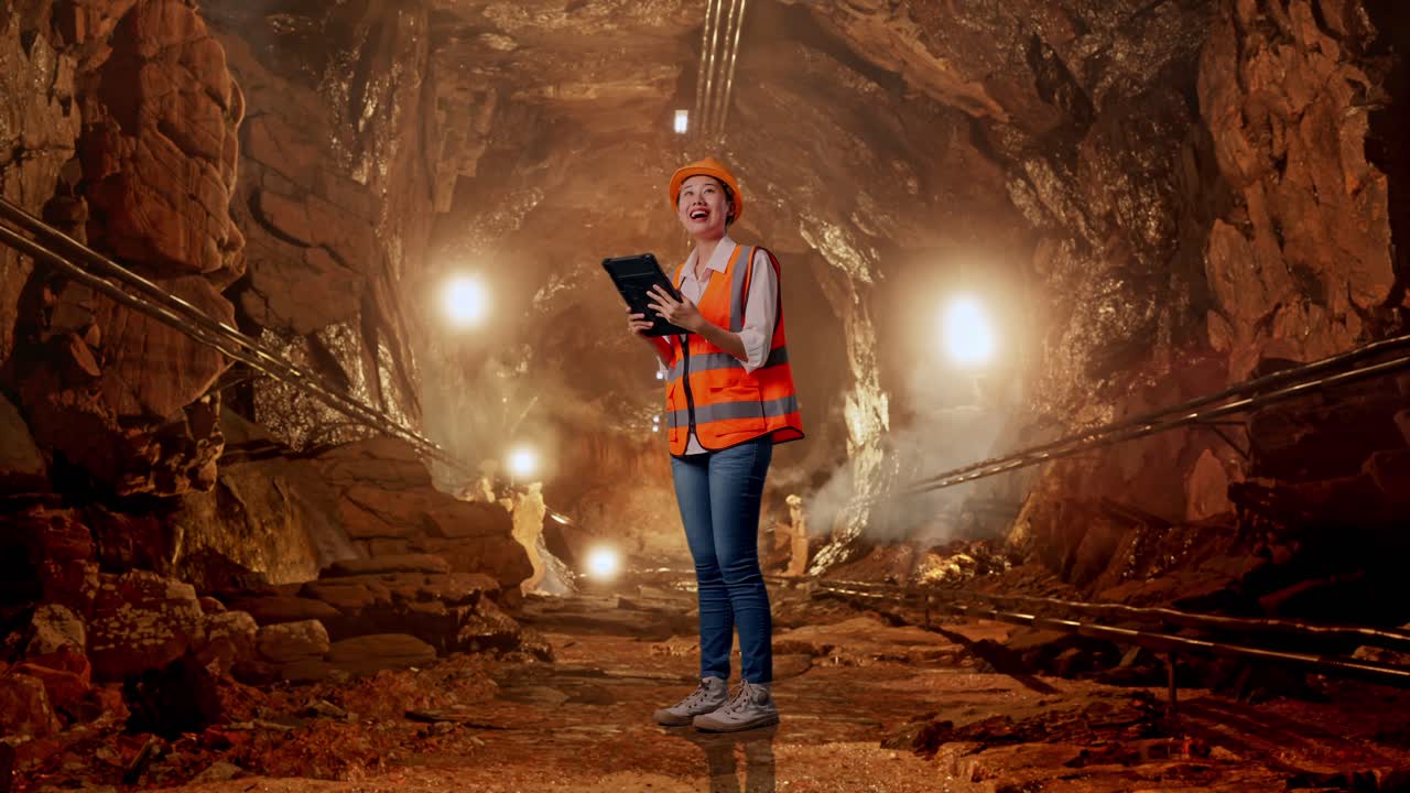 Female Miner Using Tablet in Underground Tunnel