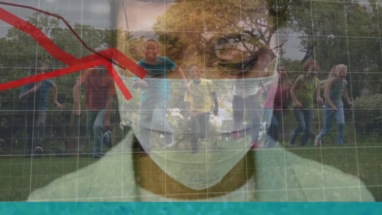 grafici e grafici sui bambini delle scuole e la donna con il coronavirus della maschera.