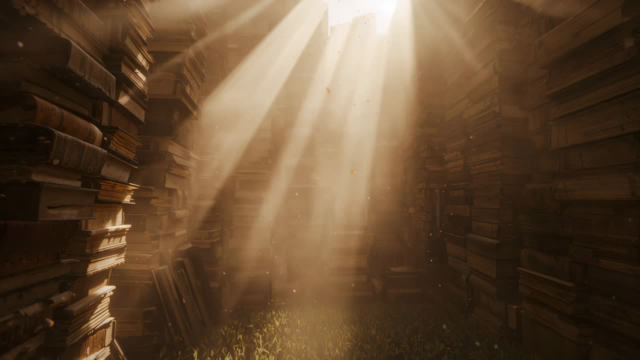 Raios dourados de luz atravessando um claraboia que se alarga em um salão de livros, revelando poeira e grama
