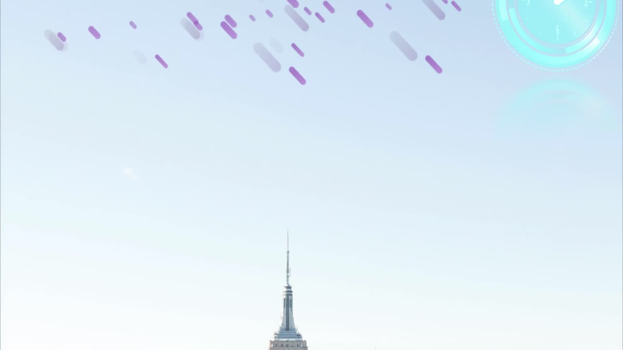 도시 풍경 위에 움직이는 시계와 보라색 선의 애니메이션