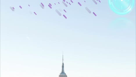 도시 풍경 위에 움직이는 시계와 보라색 선의 애니메이션
