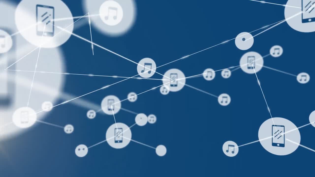 파란색 배경의 빛 트레일 위의 아이콘으로 연결 네트워크의 애니메이션