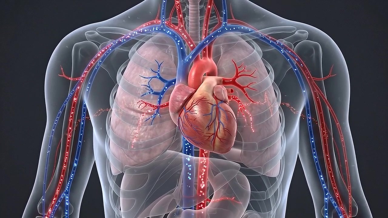 Torso maschile trasparente che mostra cuore, polmoni e sistema circolatorio ramificato su sfondo scuro.