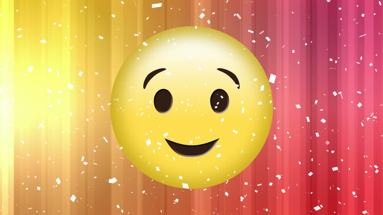 노란색과 분홍색 배경에 떨어지는 콘페티와 함께 미소 이모지 아이콘의 애니메이션