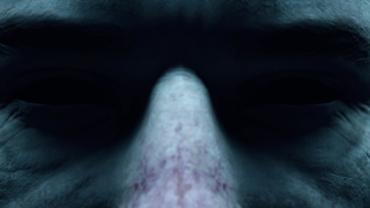 Scary menacing gaze of a man with empty black eyes close-up. Horror concept. Seamless loop character facial animation with cinematic lighting. 3d render